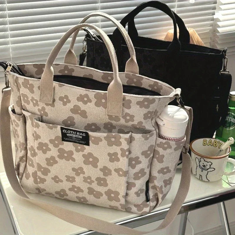Floral Canvas Tote Bag with Laptop Compartment – Multifunctional