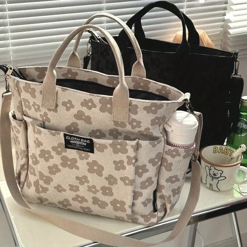 Floral Canvas Tote Bag with Laptop Compartment – Multifunctional