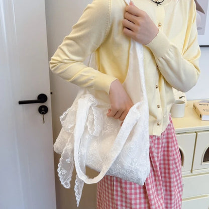 Floral Lace Tote Bag for Women – Soft White Shoulder Bag with Bow