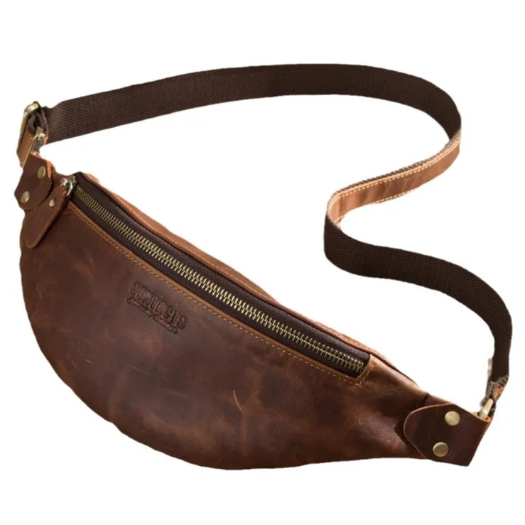Retro Crazy Horse Cowhide Men S Waist Bag Large Capacity Mobile Phone Storage - Waterproof