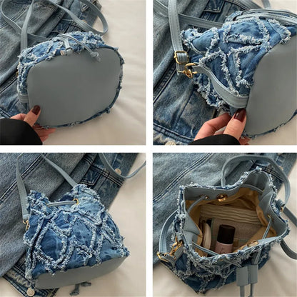 Denim Bucket Bag Women's Drawstring Crossbody Purse
