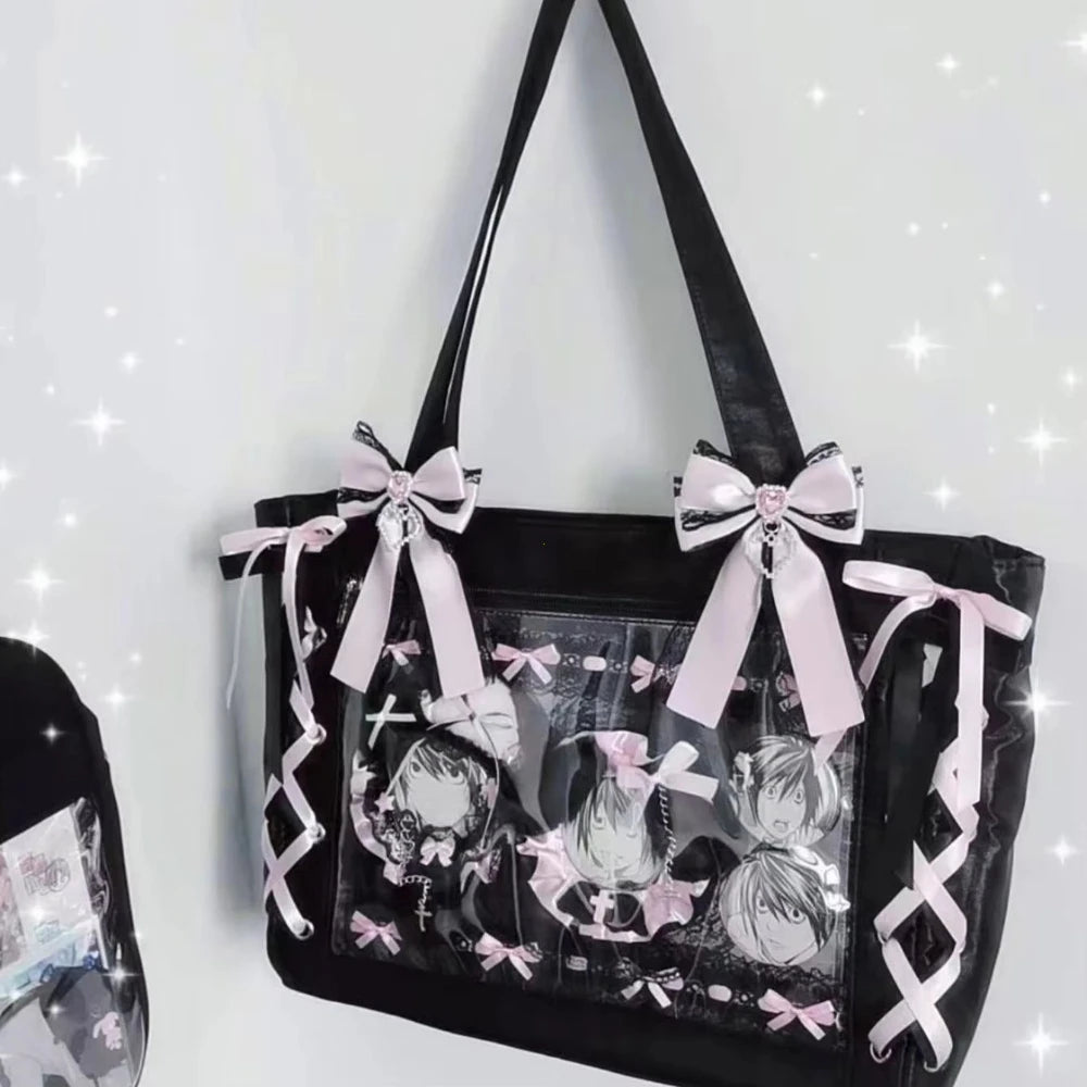 Ribbon Cute Handbag Women Large Capacity Transparent Diy Badge One-Shoulder Tote Bag Japanese Sweet