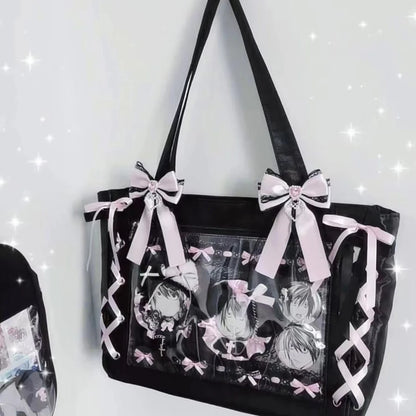 Ribbon Cute Handbag Women Large Capacity Transparent Diy Badge One-Shoulder Tote Bag Japanese Sweet
