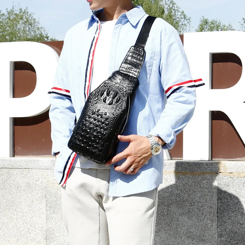 Men S Leather Chest Bag Head Layer Shoulder Oblique Cross Alligator Grain Large Capacity