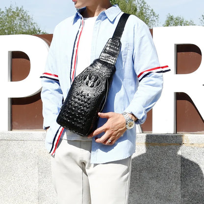 Men S Leather Chest Bag Head Layer Shoulder Oblique Cross Alligator Grain Large Capacity