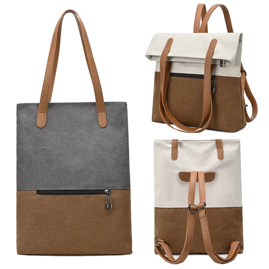 Women S Canvas Color Tote Bag Shoulder Backpack Portable Commuting Large Capacity Multi-Purpose