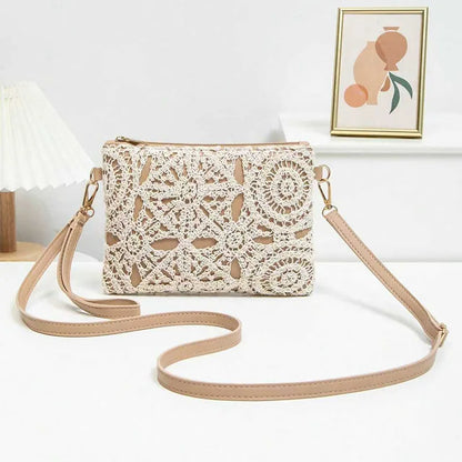 Crochet Bag with Hollowed Out Floral Design – Woven Straw Crossbody with Adjustable Strap