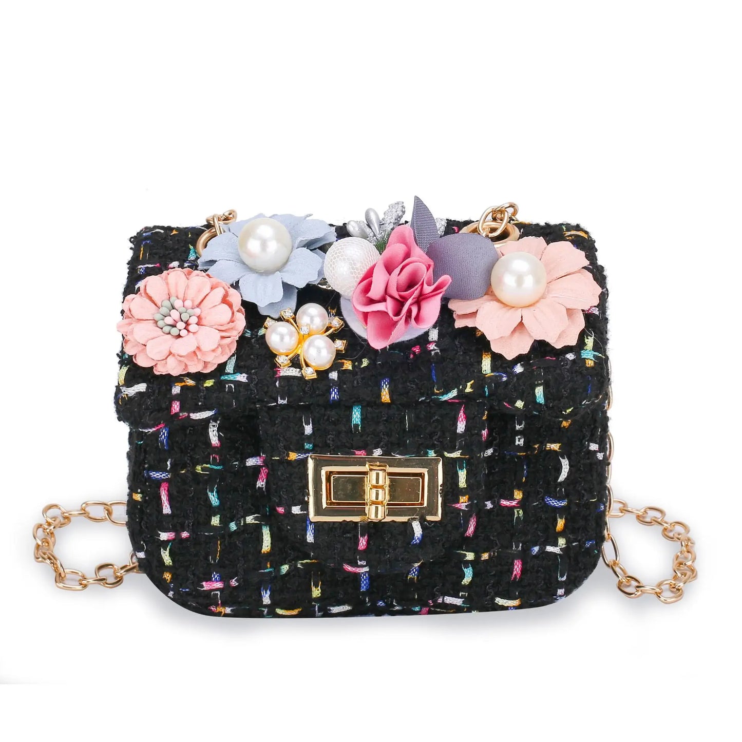 Cute Kids Floral Tweed Shoulder Crossbody Bags Pearl Flower Decor Chic Clutch Bag Mini Chain Purse