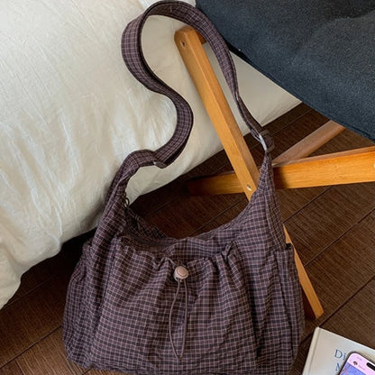 Plaid Drawstring Crossbody Bag – Large Capacity Shoulder Tote