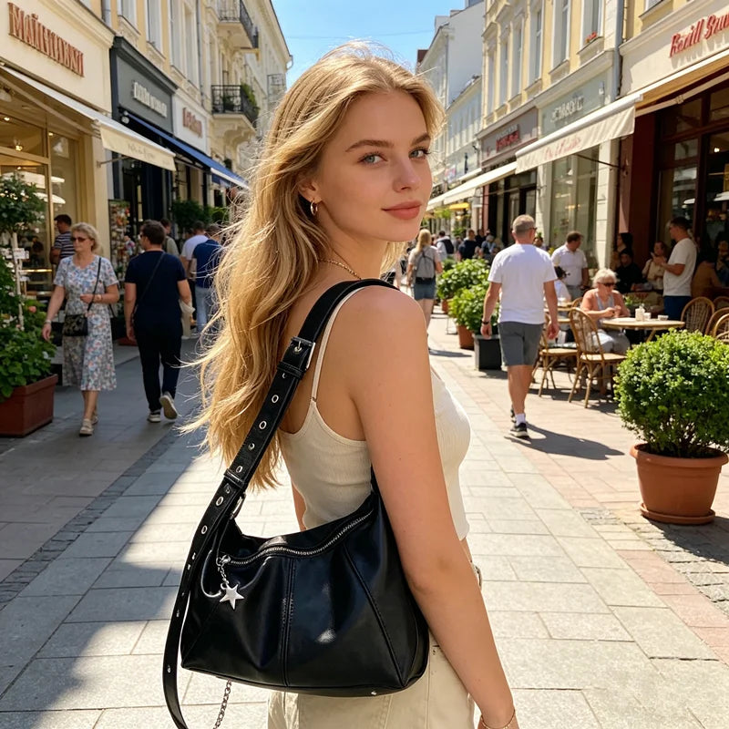 Y2K Star Charm Black Leather Hobo Shoulder Bag