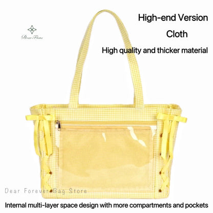 Japanese Sweet Women Ribbon Ita Bag Cute Lolita Girl Transparent Handbags Large Capacity Tote