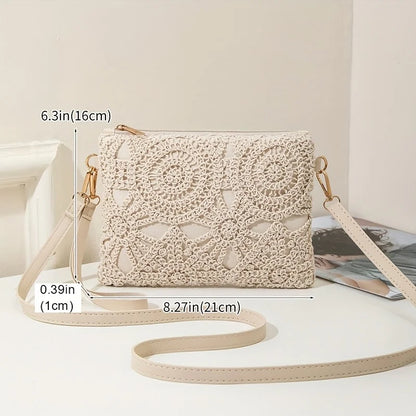Crochet Bag with Hollowed Out Floral Design – Woven Straw Crossbody with Adjustable Strap