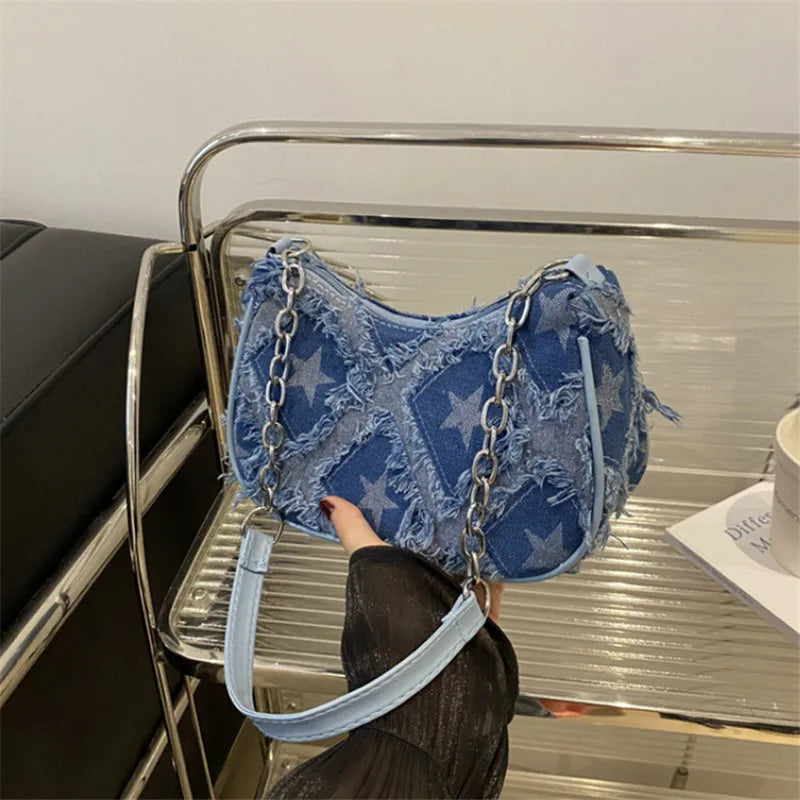 Denim Checkered Shoulder Bag for Women – Chain Strap Hobo Handbag