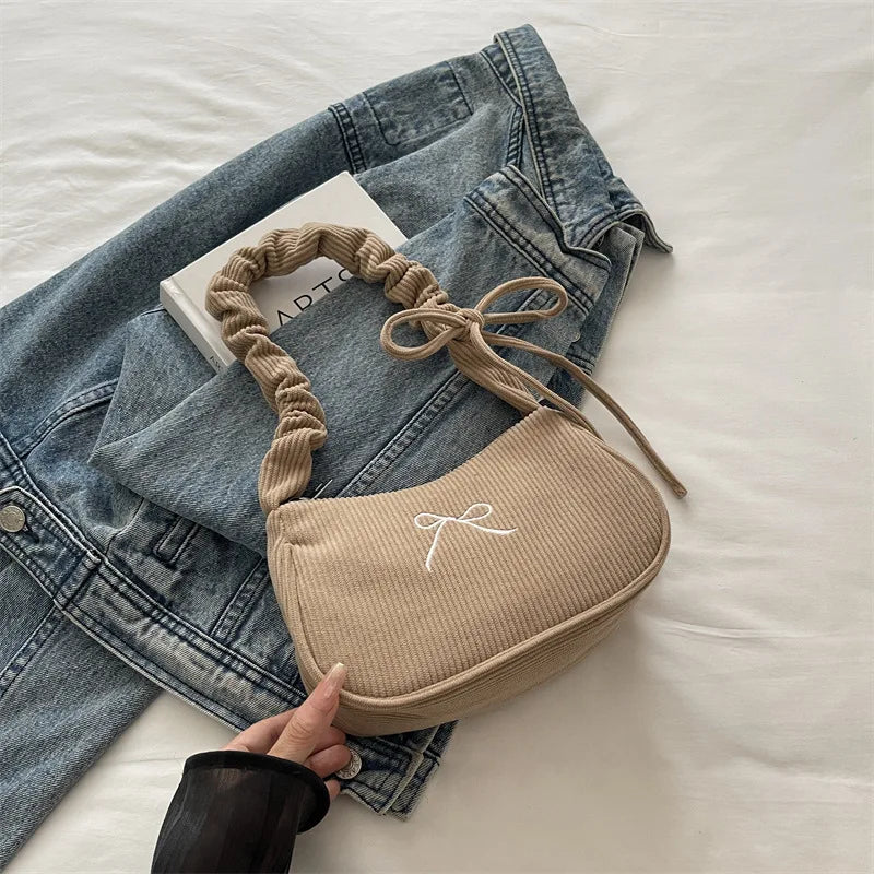 Corduroy Bow Shoulder Bag with Ruched Drawstring Handle