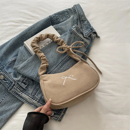 Corduroy Bow Shoulder Bag with Ruched Drawstring Handle