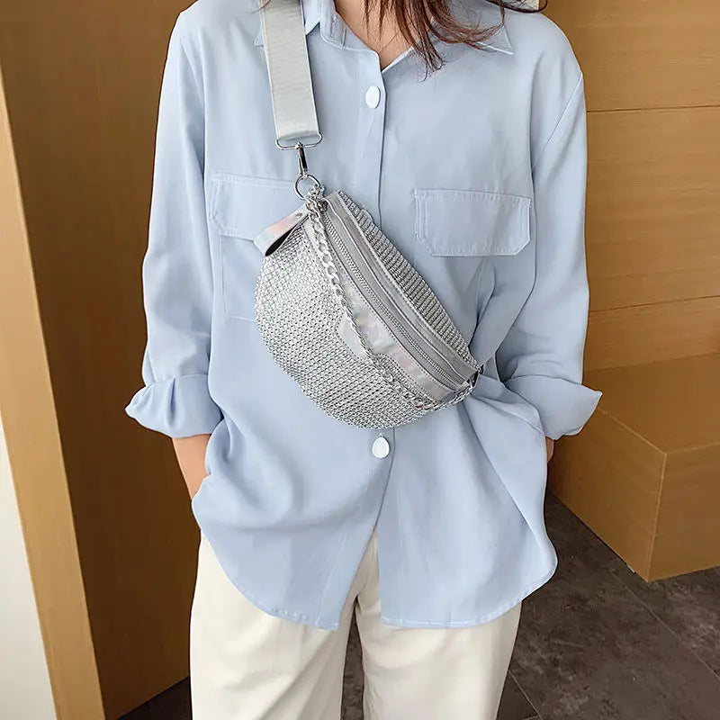 Chic Women Bling Rhinestone Fanny Pack Wide Strap Sling Crossbody Bag Sparkly Diamond Waist Purse