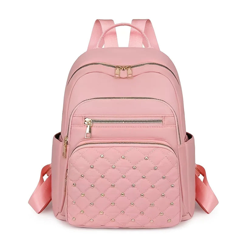 Quilted Studded Women Backpack Multi Zipper Pocket Adjustable Wide Shoulder Strap Lightweight Casual