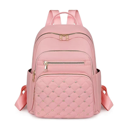 Quilted Studded Women Backpack Multi Zipper Pocket Adjustable Wide Shoulder Strap Lightweight Casual