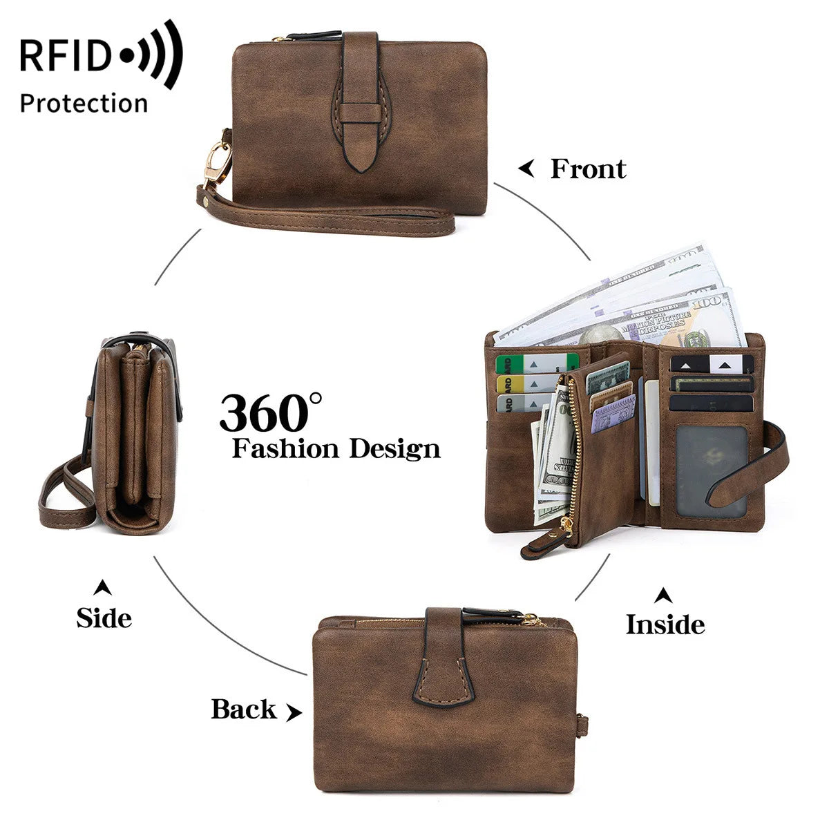 Rfid Ladies Purse Pu Soft Leather Three Fold Short Retro Zipper Clasp Pocket Change Collector - Soft