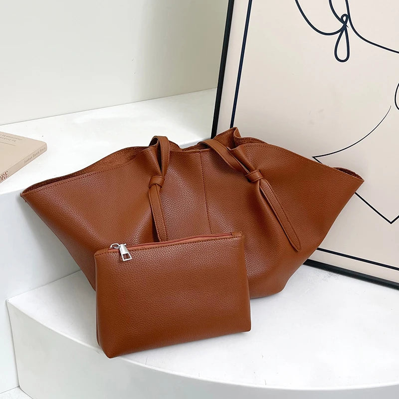 Retro Minimalist Women Shoulder Bag Pouch Soft Pu Leather Tote Large Capacity Handbag Daily Commute