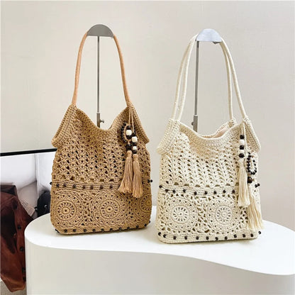 Crochet Tote Bag Women White Openwork Knit Purse Bead Fringe Charm Adjustable Long Straps Boho Beach