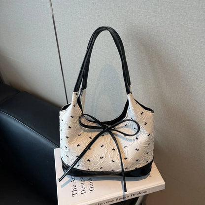 Cute Pink Bow Tote Bag Contrast Handbag Shoulder Large Capacity Soft Fabric Daily Shopping Casual