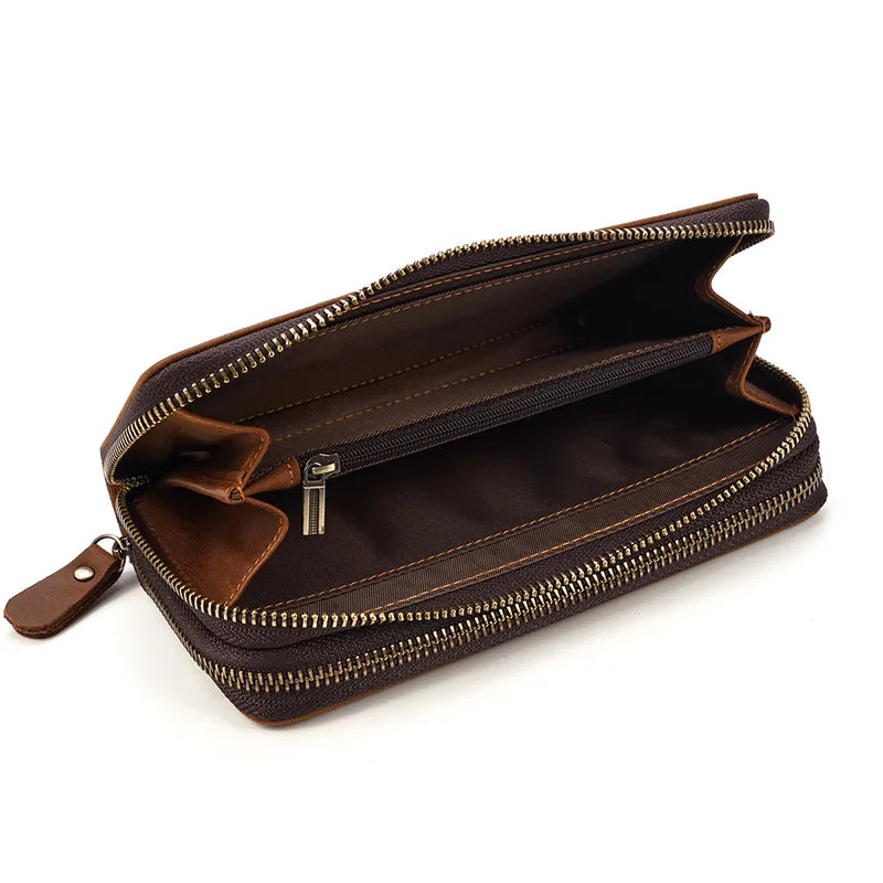 Men S Real Leather Long Wallet Crazy Horse Double Zipper Cowhinleather Hand Holding Extra Large