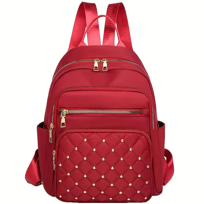 Quilted Studded Women Backpack Multi Zipper Pocket Adjustable Wide Shoulder Strap Lightweight Casual
