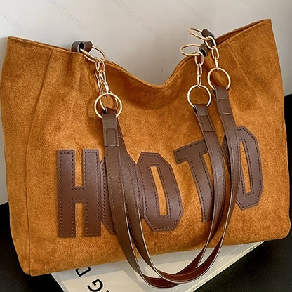 Letter Patch Suede Tote Bag – Vintage Women's Shoulder Handbag with Zipper