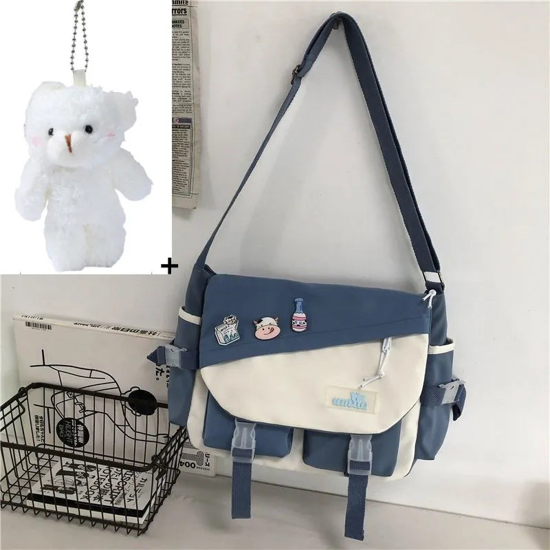 Harajuku Nylon Messenger Bag with Cute Badge Pins – Large Capacity