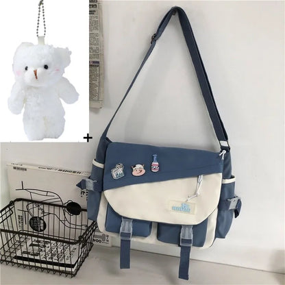 Harajuku Nylon Messenger Bag with Cute Badge Pins – Large Capacity