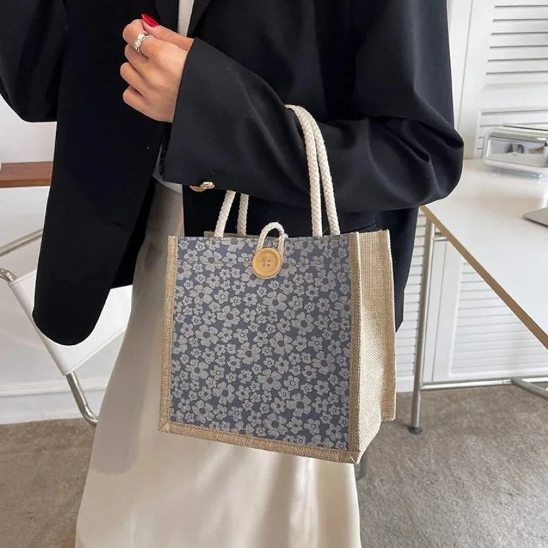 Women's Canvas Tote Bag – Floral Minimalist Handbag with Button Closure
