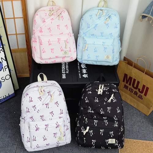 Fashionable Cute Bow Knot Polka Dot Printed Backpack Nylon Lightweight Large Capacity Casual Campus