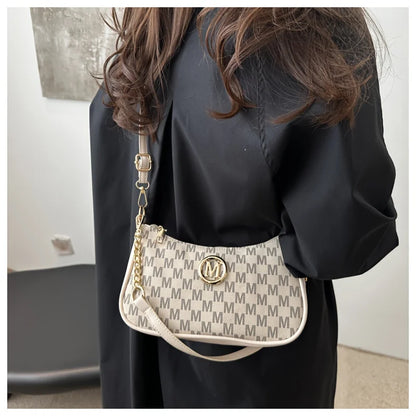 Chic Monogram Print Beige Shoulder Bag Small Crossbody Handbag Gold Chain Accent Woman Everyday