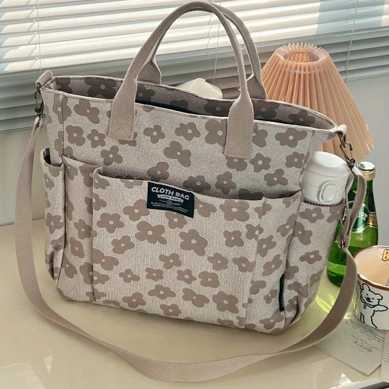 Floral Print Canvas Tote Bag Multi Pocket Design Detachable Wide