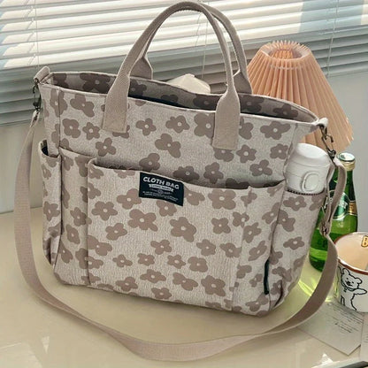 Floral Print Canvas Tote Bag Multi Pocket Design Detachable Wide