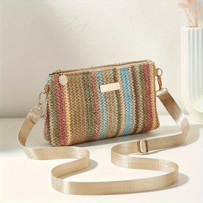 Colorful Striped Woven Crossbody Bag with Wide Adjustable Strap