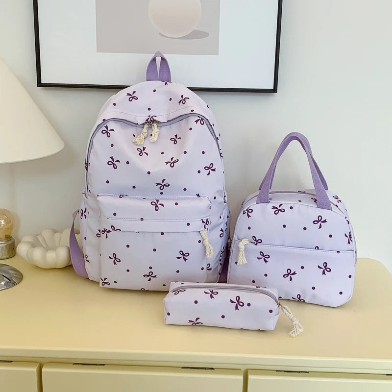 Campus Romance Trio Bow Pattern Backpack Handbag Quilted Multi-Pocket Large Capcity University Daily