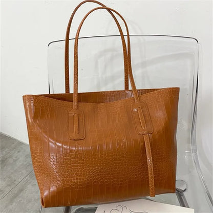 Large Capacity Tote Bag for Women – Croc-Embossed Shoulder Handbag