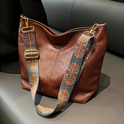 Stylish Beige Leather Tote Bag Decorative Printed Wide Strap Crossbody Bag Work Commute Large