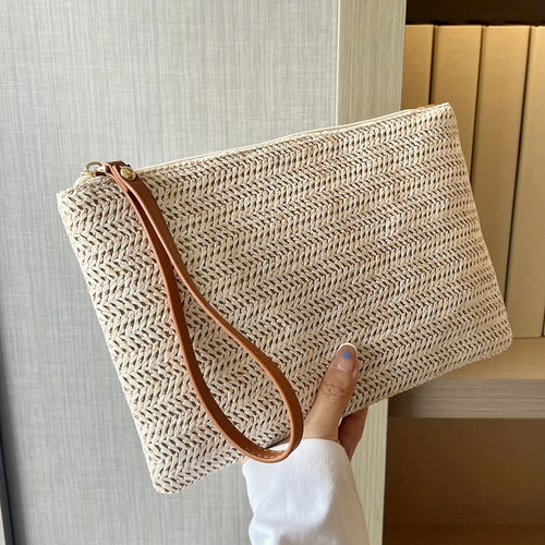 Straw Woven Clutch Bag – Slim Zipper Wristlet Purse for Women