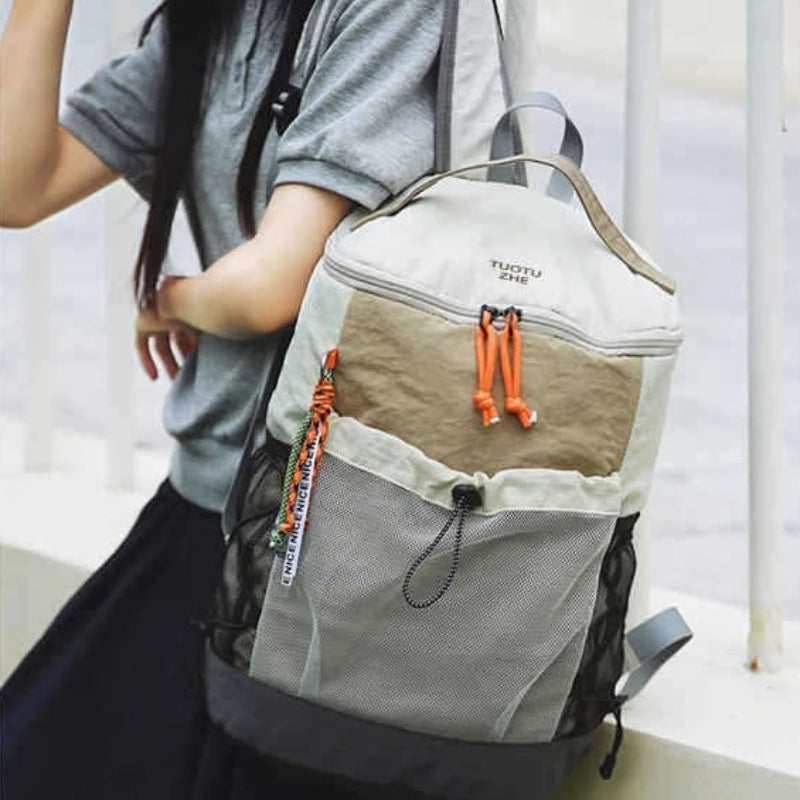 Color Block Nylon Backpack Mesh Pocket Orange Drawstring Adjustable Straps Student School Outdoor