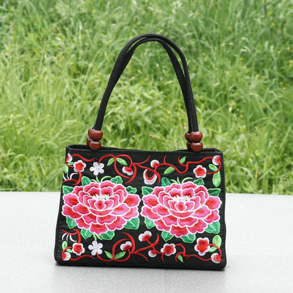 Embroidered Floral Handbag with Double Zipper & Beaded Handle