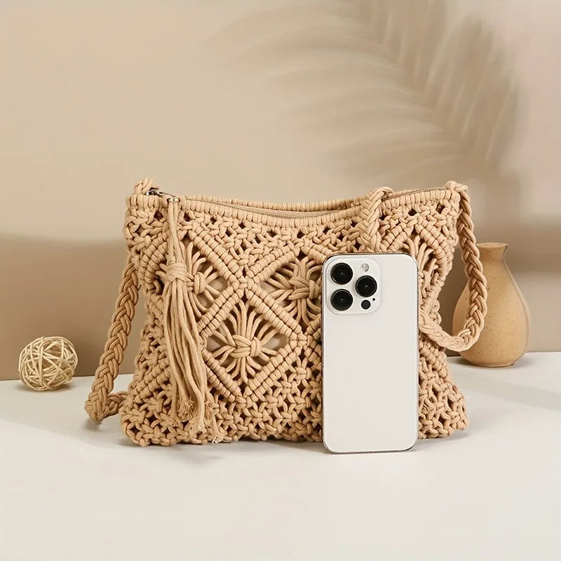 Bohemian Woven Rope Crossbody Bag with Tassel Detail