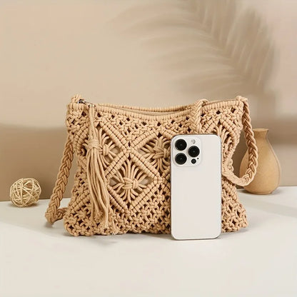 Bohemian Woven Rope Crossbody Bag with Tassel Detail
