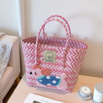 Cute Dachshund Woven Tote Bag Lightweight Striped Basket Bag Embroidered Dog Beach