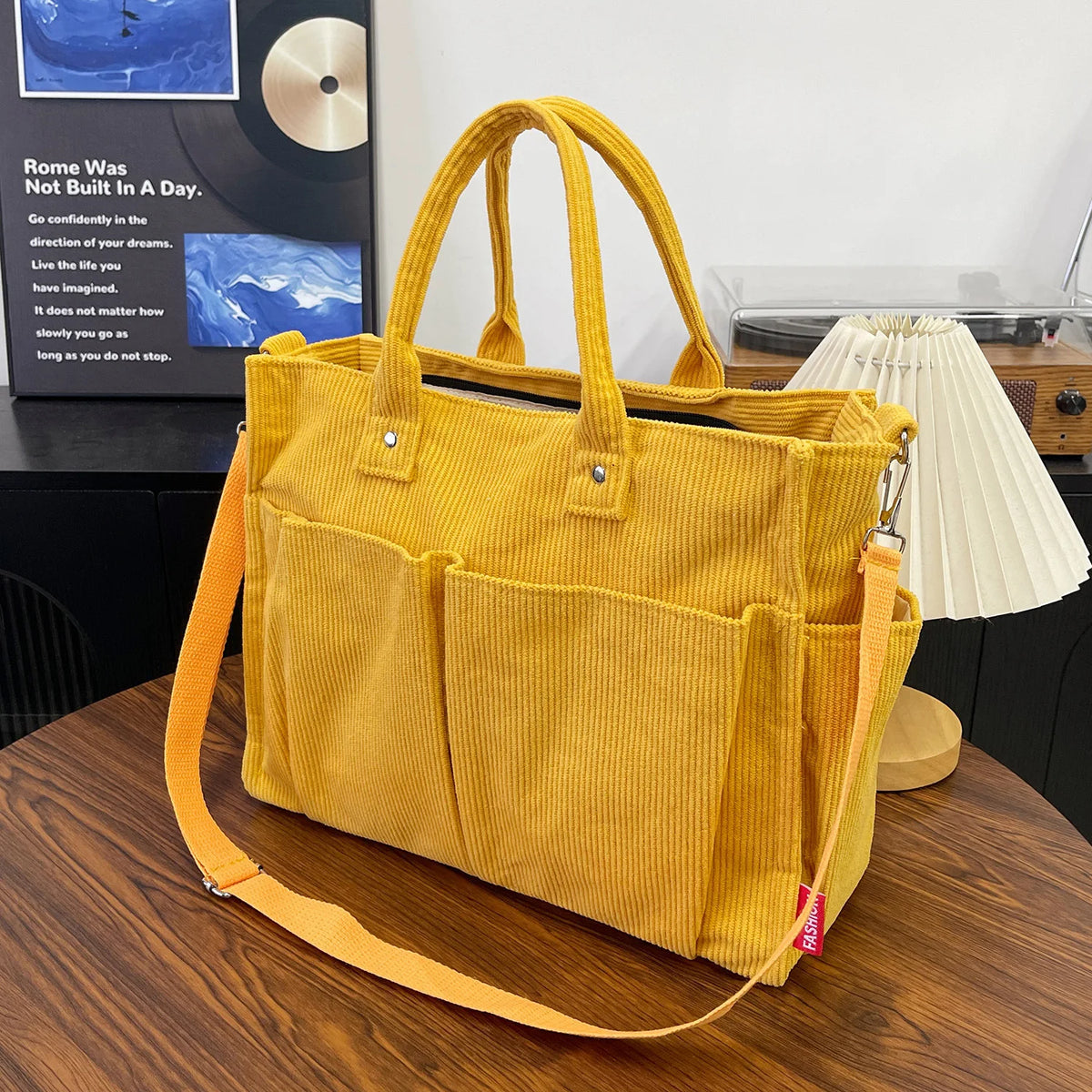 Corduroy Tote Bag – Large Shoulder Bag with Multi-Pocket