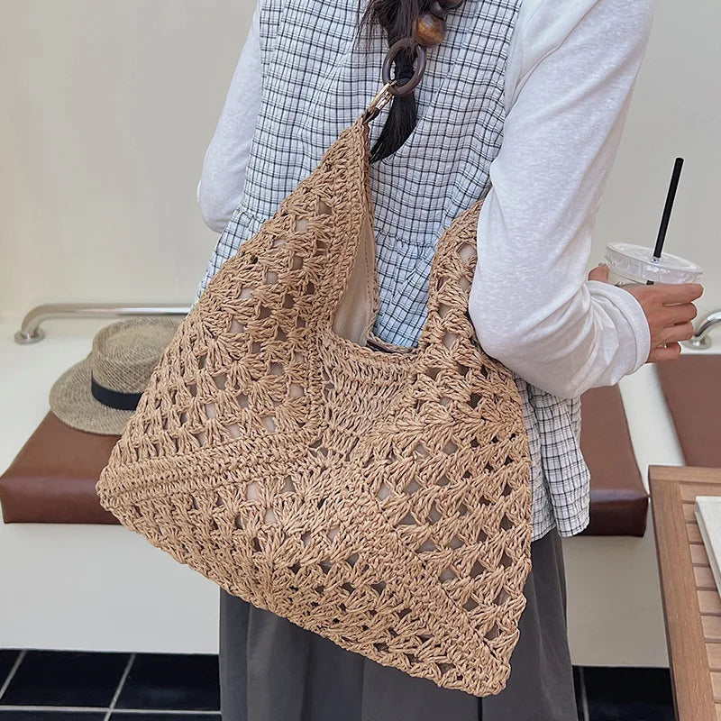 Crochet Woven Tote Bag – Wooden Bead Handle & Large Capacity