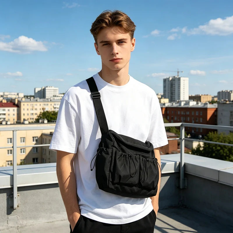Black Nylon Crossbody Bag – Multi-Pocket Drawstring