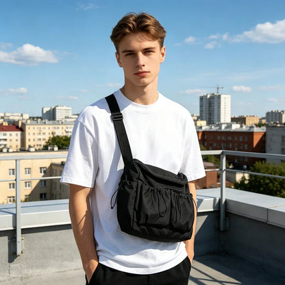 Black Nylon Crossbody Bag – Multi-Pocket Drawstring